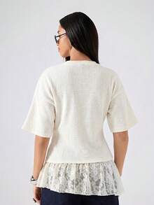 LYSMO Camiseta de mujer de unicolor con patchwork de encaje, estilo minimalista, casual, primavera/verano 2026, top de verano, top para salir, top profesional de negocios para mujer, top blanco - Amarillo claro - Ver 2