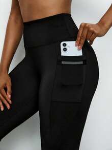 Levarali Plus Size Women's Mesh Side Phone Pocket Sports Leggings, Yoga Pants For Fitness, Running, Gym, Pilates, Outdoor Casual Wear, Spring/Summer, Summer Outfits For Women,Women's Gym Clothes,Gym,Women's Sweatpants,Sweatpants,Black Pants - Black - View 3