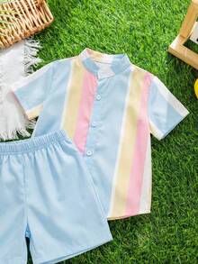 SHEIN 2件套男童休闲舒适百搭条纹立领短袖衬衫和短裤套装 - 彩色 - 查看 8