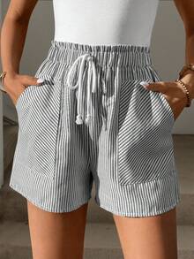 SHEIN Tall CURVE Quần short kẻ sọc dáng rộng có dây rút - Đen và trắng - Xem 8