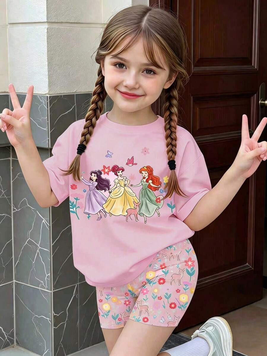 女婴休闲套装（2件套），可爱公主印花短袖T恤搭配碎花小鹿图案短裤，公主风甜美小鹿碎花两件套，卡通公主短袖T恤短裤套装，舒适夏季童装，可爱户外童装 - 彩色 - 查看 1