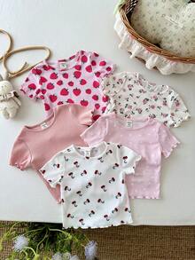 LMoss Kids 5pcs/Set Baby Girl Summer Cute Knitted Floral, Strawberry, Cherry Pattern Ruffle Hem Short Sleeve Top - Multicolor - View 6
