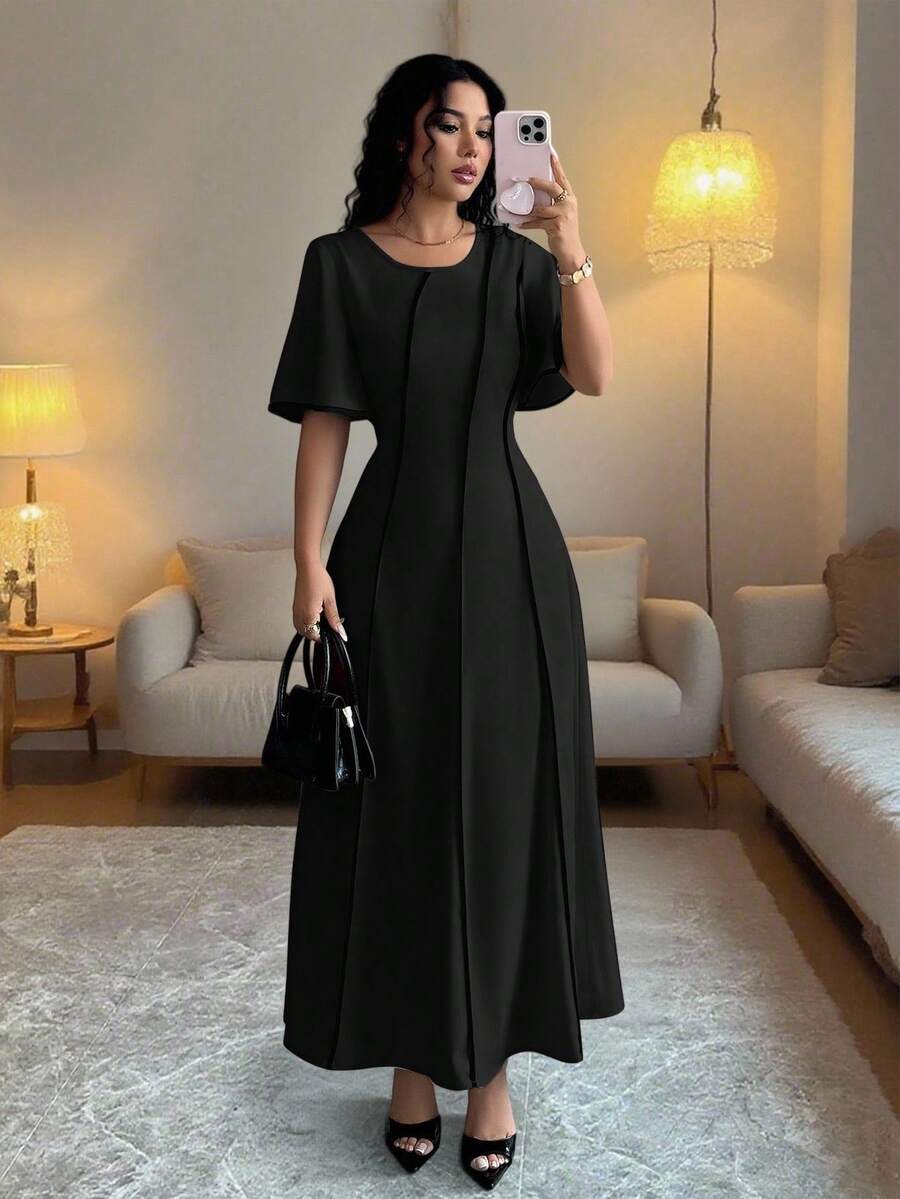 Rafferiza 女士常规款夏季新款圆领短袖连衣裙,黑色撞色滚边,收腰设计,优雅大方,适合外出、家庭聚会及各种场合。 - 黑色 - 查看 1