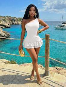 Slaydiva Women White Summer Casual Jumpsuit,One-Shoulder Knotted Textured Multi-Layer Ruffle Slim Fit Romper,Holiday,Vacation,Resort Fashion Beach Boho Outfits - White - View 6
