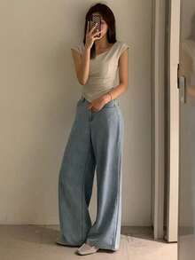 Dazy Tall Jeans de pierna recta y suelta para mujer, estilo casual de ciudad - Azul lavado medio - Ver 3