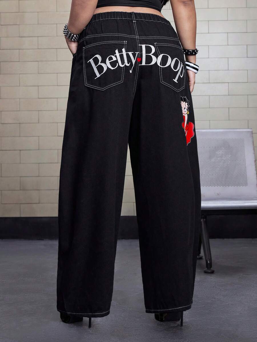 Betty Boop | ROMWE 大码女式字母印花阔腿宽松休闲牛仔裤 - 黑色 - 查看 1
