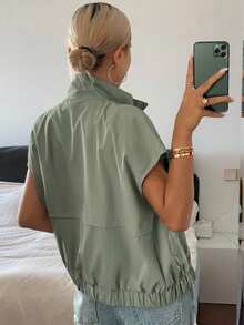 DAZY 女款翻領無袖短版街頭休閒背心式薄外套 夏季 - 綠色 - 查看 4