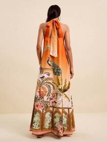 LOTSLUV Women's Orange Summer Boho Tropical Casual Elegant Dress, Ombre Print With Halter Neck Tie,Peacock,Floral Architecture Prints Vacation - Multicolor - View 2