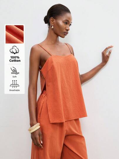 Maija Women's Vacation Casual Solid Color Side Slit Camisole & Pants 2 Pieces Set, Summer Set, Summer Outfits, Summer Outfit For Women, Summer Outfits For Women , Festival Outfits , Beach Outfits For Women, Beach Outfit , Going Out Set , Sets For Going Out , Elegant Women's Blouses , Casual Sets For Women, Casual Sets For Women, Vacation , Holiday Outfits , Women's Country Clothing, Female Country Look