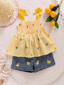 SHEIN Elladie kids 两件套女童休闲通勤甜美柠檬格纹印花无袖上衣搭配刺绣牛仔短裤，亮丽配色，适合春夏穿着 - 黃色 - 查看 8