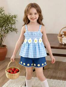 SHEIN Elladie kids 两件套女童休闲通勤甜美蝴蝶结吊带背心，蓝白拼接花卉装饰，搭配牛仔短裤，春夏乡村风儿童夏季套装 - 藍色 - 查看 3