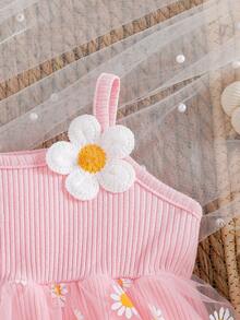 SHEIN 2pcs/Set Baby Girls' Casual Vintage Elegant Cute Daisy Embroidery Ribbon & Mesh Outfit, Suitable For Spring/Summer Outings - Pink - View 6