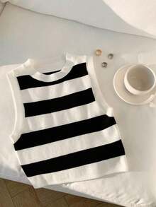 Top tejido crop con patrón de rayas para uso casual  para mujeres - Blanco y Negro - Ver 5