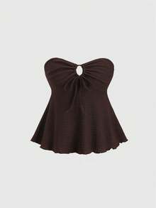 Sweetra Áo croptop nữ màu be có họa tiết, kiểu dáng thường ngày với bèo nhún ở gấu áo, thích hợp cho mùa xuân/hè. - Cà phê nâu - Xem 1