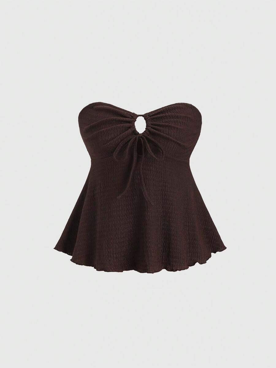 Sweetra Áo croptop nữ màu be có họa tiết, kiểu dáng thường ngày với bèo nhún ở gấu áo, thích hợp cho mùa xuân/hè. - Cà phê nâu - Xem 1