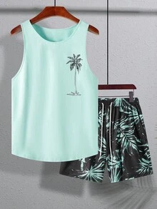 Manfinity RSRT Men's Coconut Tree Print Crew Neck Top And Shorts Casual Daily Outfit, Holiday - Multicolor - View 3