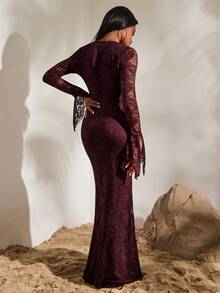 Opulessa Gaun Liburan Rajut Polos dengan Hiasan Renda dan Rumbai di Bagian Bawah untuk Wanita, Gaun Musim Panas untuk Wanita - Red Violet - View 5