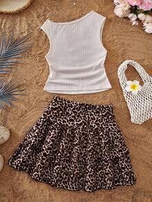 SHEIN Sparklyn Teen Girl Solid Color Asymmetric Neck Ruffle T-Shirt And Leopard Print Mini Skirt Set - Multicolor - View 2