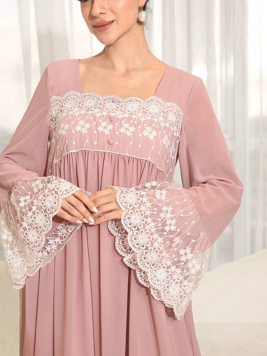 Yasmyna Đầm ren phối bèo nhún kiểu Ả Rập dành cho nữ, thích hợp mặc thường ngày, dự tiệc hoặc đi chơi. - Hồng - Xem 1