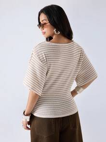 LYSMO 2026 New Arrive Minimalism Spring/Summer Women's V-Neck Striped Casual Versatile Daily Wear T-Shirt,Summer Top - Apricot - View 2