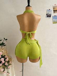 Soleia Conjunto de 2 piezas de top halter plisado con nudo delantero y shorts con cintura anudada para mujer - Verde - Ver 2