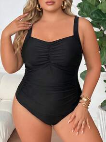 SHEIN CURVE+ Conjunto de tankini de baño de talla grande para mujer de unicolor con pliegues - Negro - Ver 5