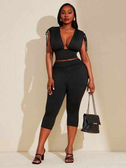 Radiana Plus Size Women Deep V-Neck Solid Top And Skinny Leggings Casual Daily Outfit