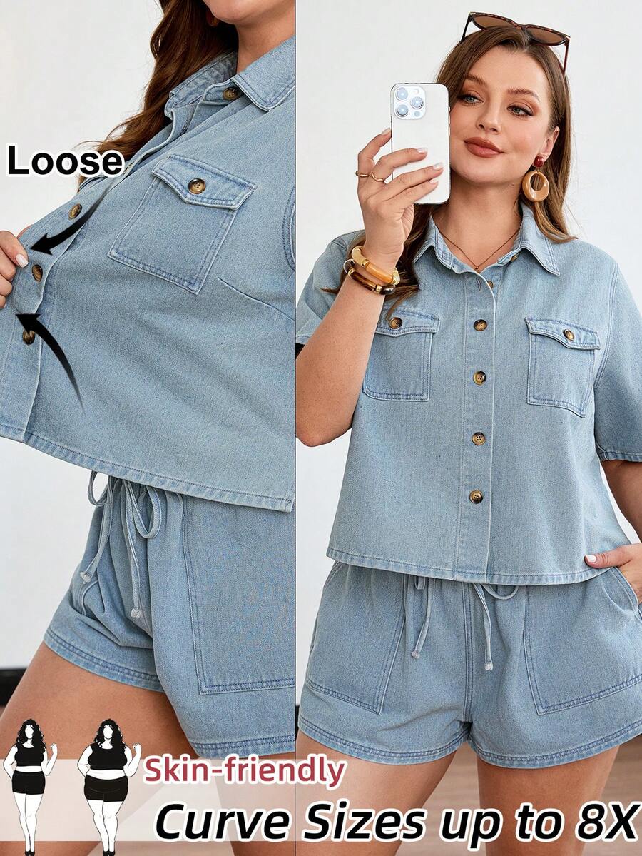 SHEIN CURVE+ Plus Size Women's Summer Light Blue Denim 2-Piece Set,Smart Casual Formal Flap Pocket Shirt Drawstring Waist Shorts,Vacation Beach Country Concert - Light Wash - View 1
