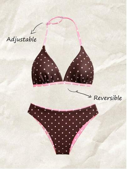 Conjunto de traje de baño de 2 piezas para niñas preadolescentes, top halter ajustable y Bottom triangular de tela de punto con estampado de lunares y diseño casual de vacaciones, adecuado para playa, piscina, fiesta de verano y vacaciones