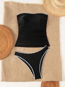 Swim Lushoire Bộ bikini hai mảnh dành cho nữ, họa tiết da báo đen, kiểu dáng phối nhiều mảnh, gồm áo hai dây và quần tam giác, thích hợp mặc đi biển mùa hè. - màu đen - Xem 3