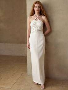 MOTF PREMIUM RUCHED THIGH SLIT HALTER DRESS - Apricot - View 4