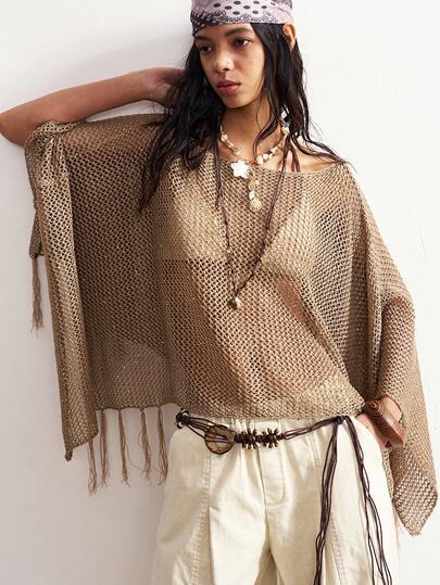 Bohemela Women's Solid Color Fringe Design Casual Versatile Daily Wear Knit Top