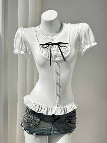 Elamini Black Regular Shoulder Short Sleeve Vintage Style T-Shirt, Spring/Summer - White - View 3
