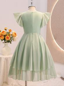 Vestido ajustado de gasa verde elegante con mangas con volantes para niñas, adecuado para fiestas de noche, Navidad, Halloween, bodas, bailes de graduación, vacaciones y otras ocasiones - Verde - Ver 2