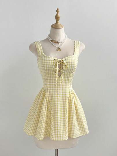 Elamini Summer Sexy Sheer Strap Plaid Mini Dress, Waist Cinched A-Line Short Slip Dress