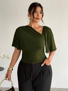 Firerie Plus Size Women Solid Color Pleated Fitted Casual Top - Green - View 6