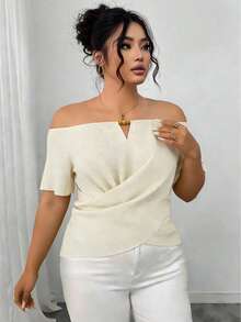 INAWLY Plus Size Women Solid Color Off-Shoulder Ruched Casual Versatile Daily Wear Top - Apricot - View 5