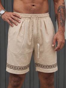 Manfinity RSRT Men's Drawstring Waist Woven Belt Design Shorts, Suitable For Vacation, Holiday - Khaki - View 3