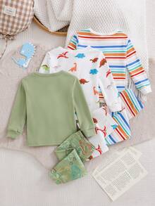 Cozy Pixies Bộ đồ ngủ 6 món cho bé trai, gồm áo dài tay cổ tròn bằng vải dệt kim mềm mại in hình khủng long hoạt hình và quần dài cạp chun. - màu xanh lá - Xem 2