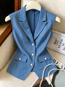 GlowEve CURVE Áo blazer dáng rộng thanh lịch, chất liệu cotton pha lanh màu xanh denim, cúc ngọc trai, phù hợp cho công sở, đi làm và nhiều dịp khác nhau, mùa xuân/hè. - Màu xanh lam - Xem 1