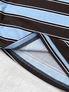 SHEIN Parte superior corta ajustada de punto de color contrastante con pequeño logotipo bordado, cuello azul marino y blanco, adecuada para uso diario, estilo callejero, salidas, hogar, vacaciones, picnic, granja, homecoming, primavera y verano para niña preadolescente - Multicolor - View 5