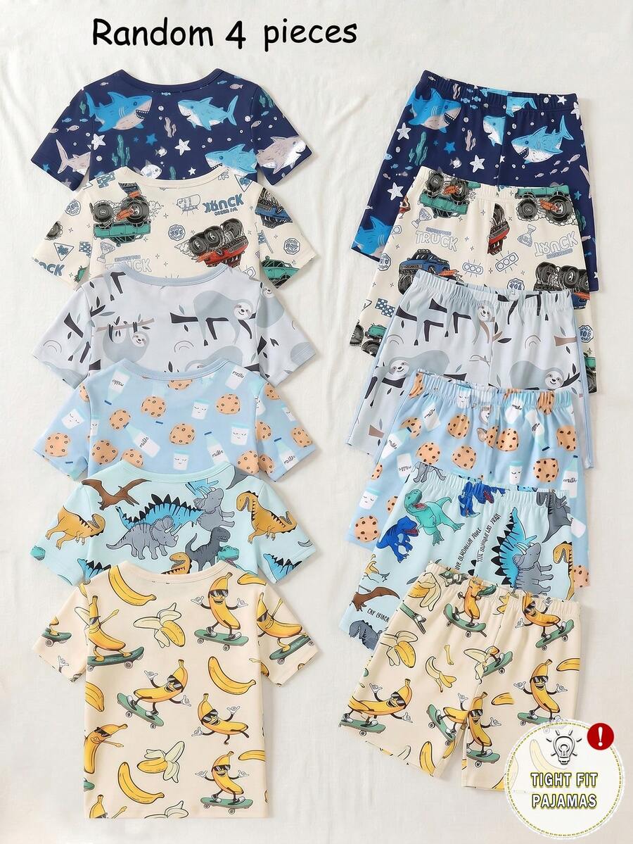 【6件套随机混搭】男童睡衣套装，春夏新品，时尚流行印花：滑板鞋、香蕉、恐龙、鲸鱼、树懒、汽车、饼干牛奶、字母组合，紧身针织面料短袖短裤4件套家居服（随机发货2件） - 彩色 - 查看 1