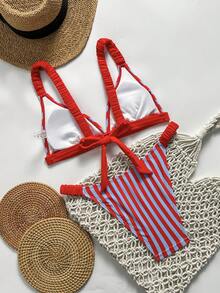 SHEIN Swim 女款夏季度假休閒海灘套裝，紅藍條紋印花比基尼兩件式泳衣套裝，附綁帶設計 - 彩色 - 查看 4