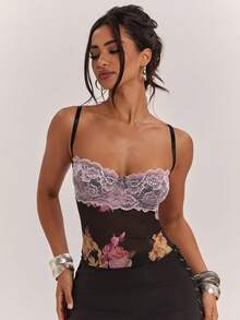 SHEIN BAE Elegantes Damen-Sommer-Camisole mit großem Blumenmuster, Tanktop, Party/Date Urlaub Strand Muster schwarze Blumen Vintage Y2K - Schwarz - Übersicht 5