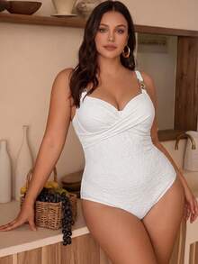 Swim Chiccia Plus Size One-Piece Swimsuit, White Special Fabric, Elegant European And American Fashion Series - White - View 5