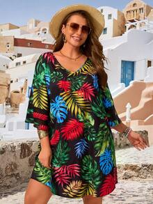 EMERY ROSE Plus Size Summer Vacation Leaf Print V-Neck Loose Fit Dress - Black - View 3