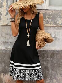 EMERY ROSE Women's Casual Elegant Geometric Pattern Round Neck Sleeveless Summer Boho Holiday Vacation Black N White Dress,Minimalist Loose Mid-Length Outfit - Black - View 3