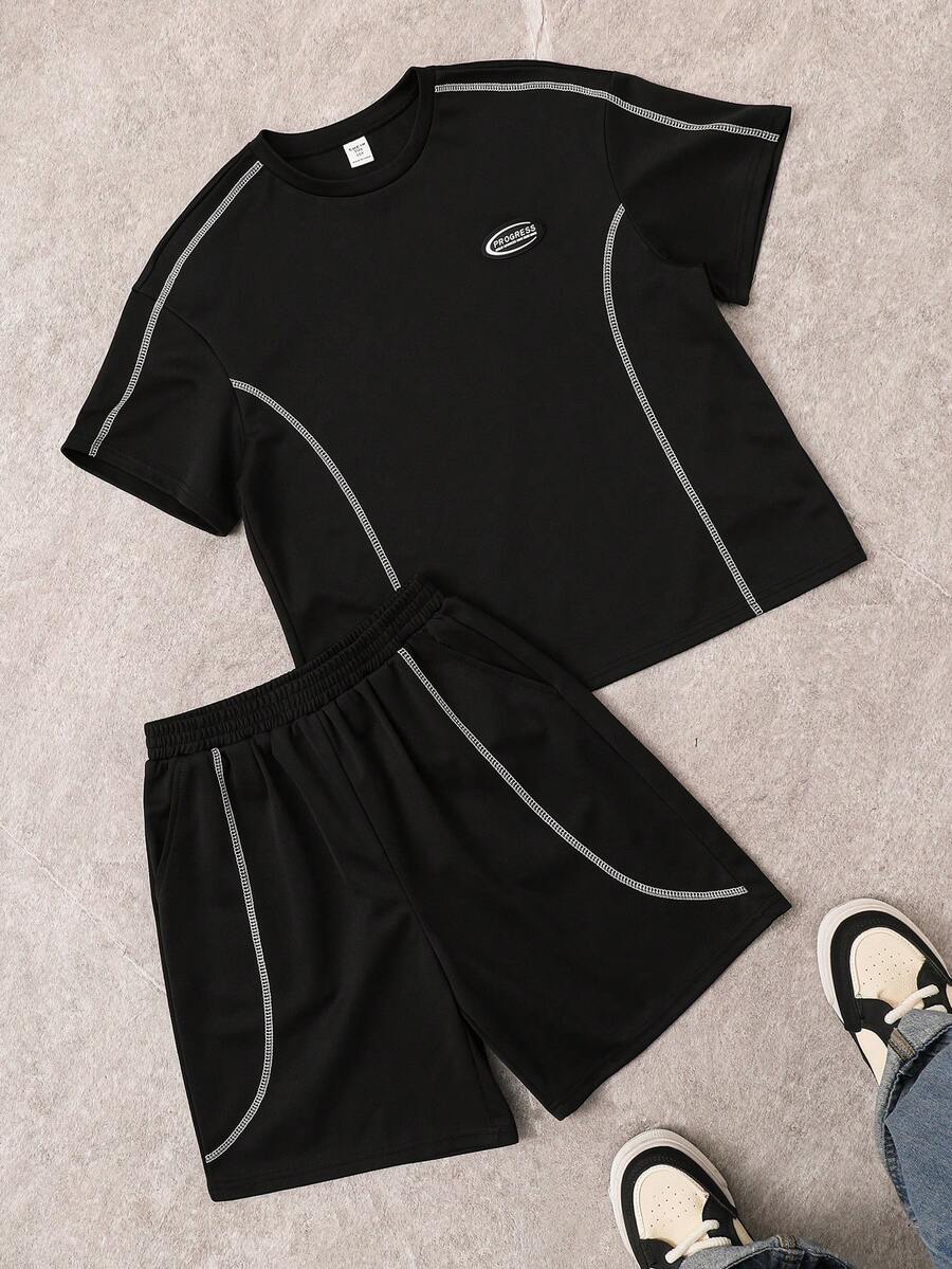 2pcs Kids/Tween Boys Casual Black Short Sleeve T-Shirt & Shorts Set, Street Punk Rock Preppy Style, Suitable For Spring/Summer Occasions - Black - View 1
