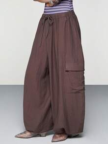 COUREZ Drop Crotch Baggy Balloon Cargo Trousers In Linen/Y2K Summer Outfits For Women Bottoms Party Festival Clothes Spring - Brown - View 2