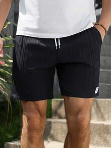 VENTUSAIL Men's Black Summer Casual Holiday Shorts,Elastic Waist Textured Pleated Drawstring Bottoms With Pockets,Streetwear Style For Beach Vacation Travel - Black - View 3